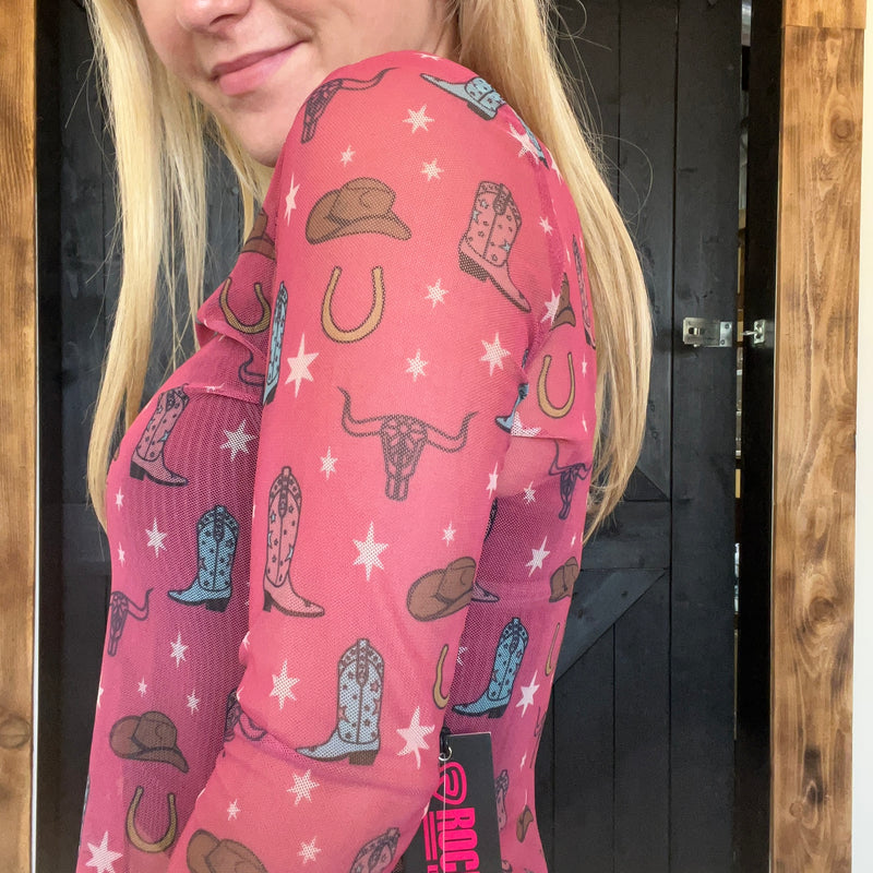 Rock & Roll Pink Quirky Conversational Mesh Long sleeve Top