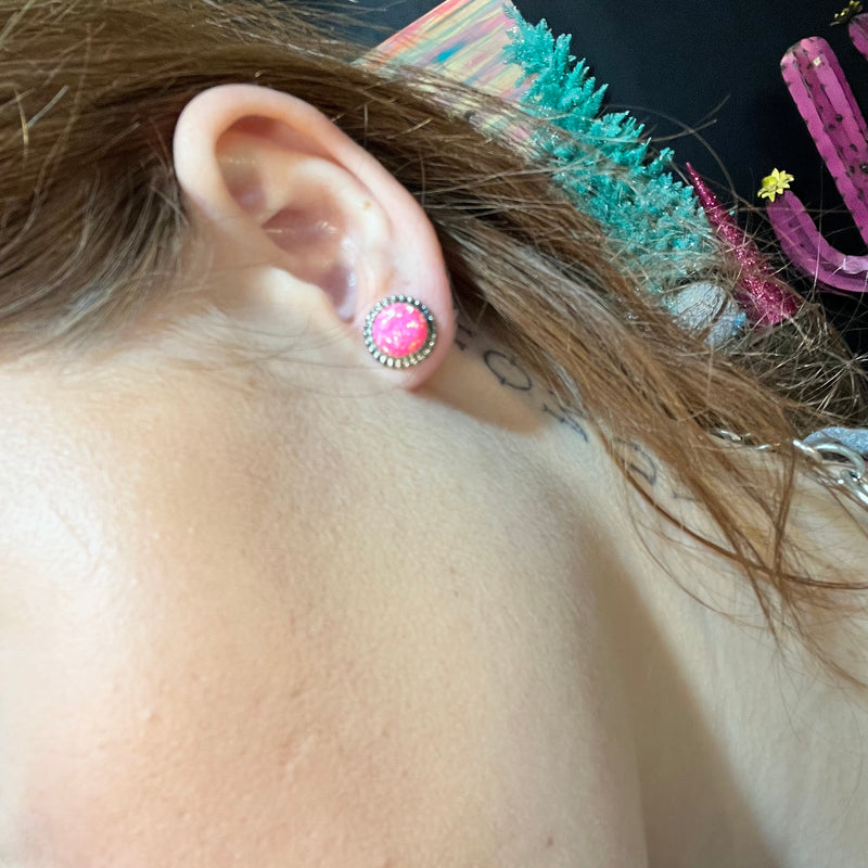 Round Hot Pink Opal Braided Genuine Earring