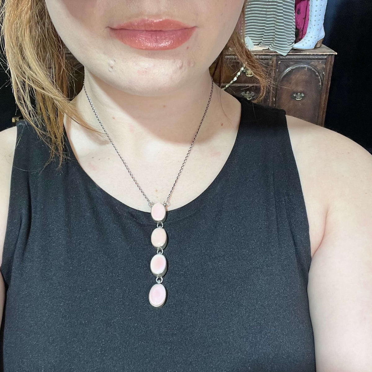 Pink Conch 4 Stone Drop Sterling Silver Necklace