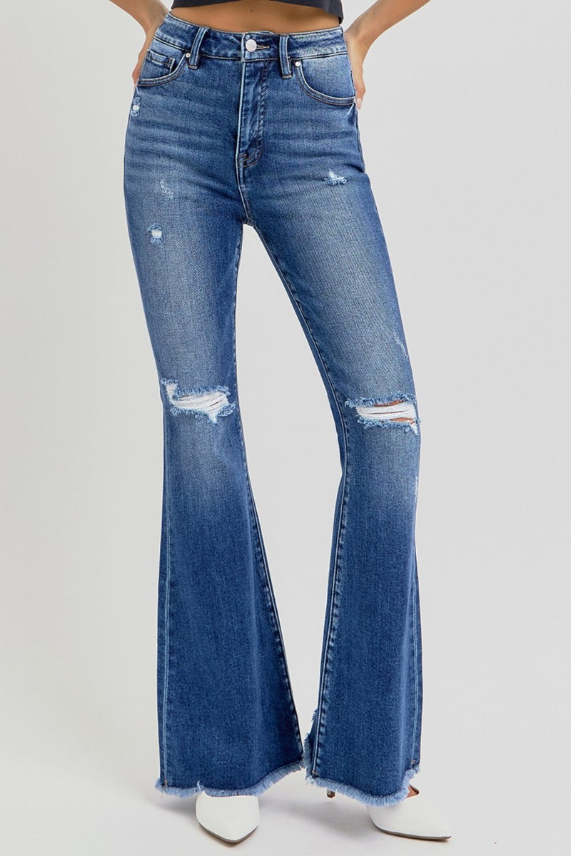 RISEN  High Rise Distressed Raw Hem Flare Jeans