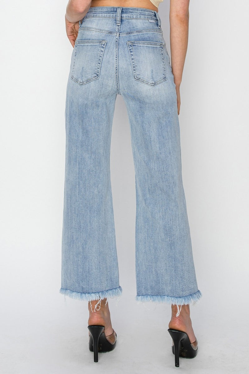 RISEN Lightwash High Rise Crop Wide Fray Hem Jeans