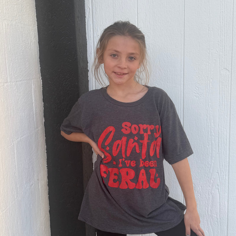 Kids Sorry Santa I've Been Feral Graphite Heather Grey with Red Crew Neck T-shirt