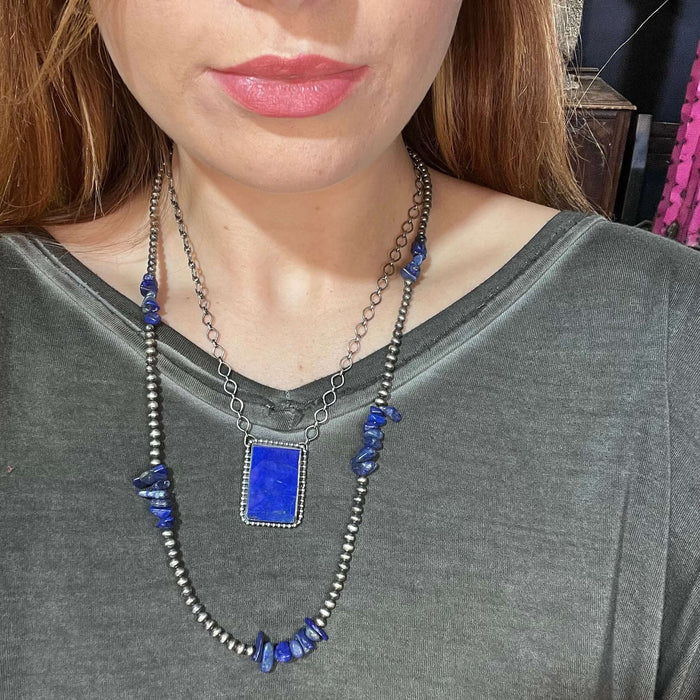 24 Inch 4mm Navajo Pearl with Chipped Blue Lapis Genuine Necklace