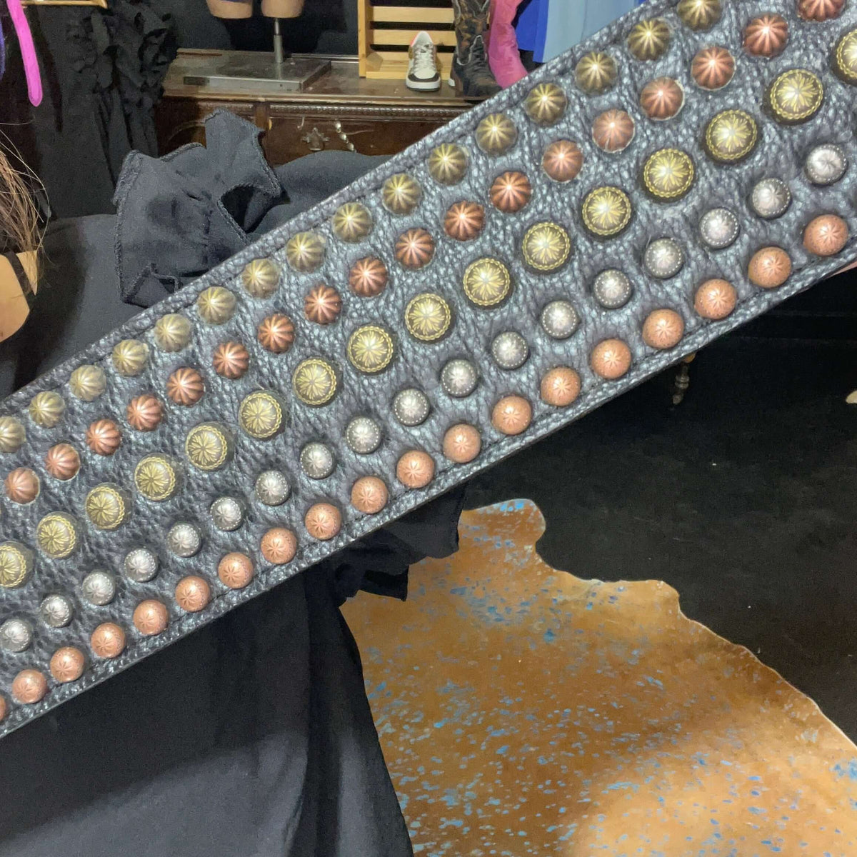 Black Leather with Gold Silver & Brass Studs Belt