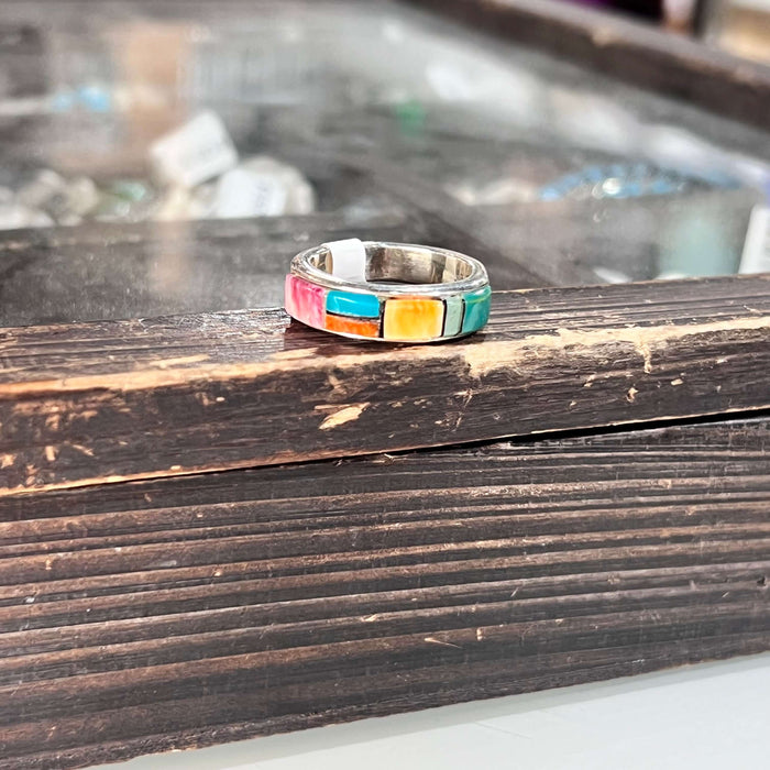 Multi Stone Raised Inlay Sterling Silver Ring size 10