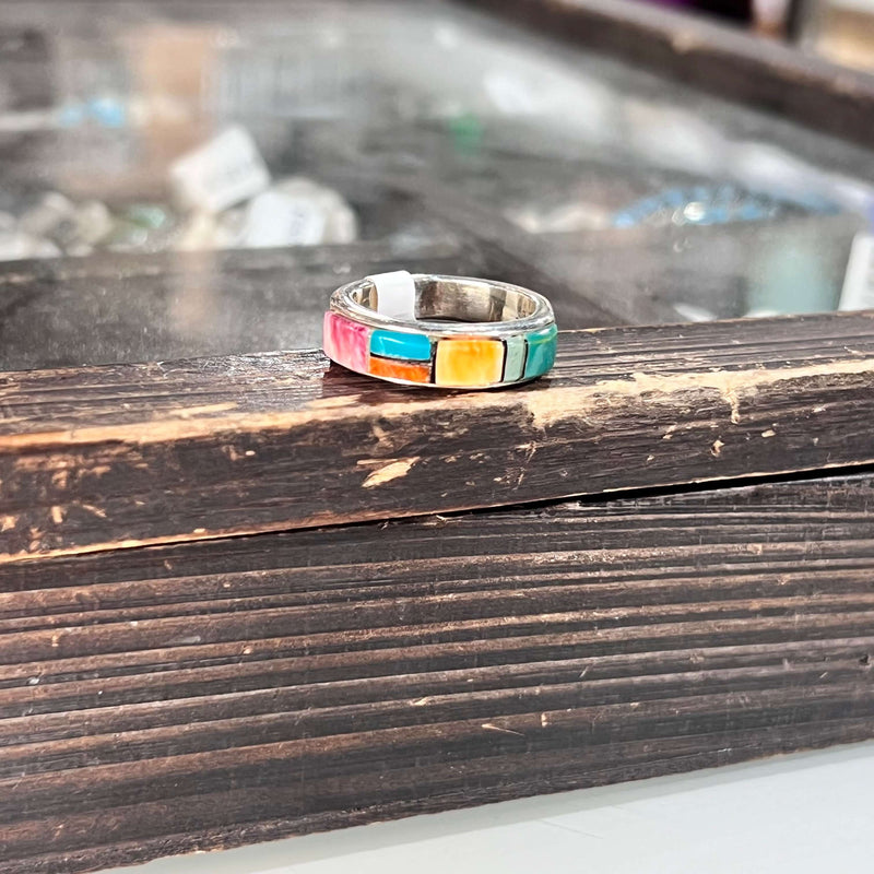 Multi Stone Raised Inlay Sterling Silver Ring size 10