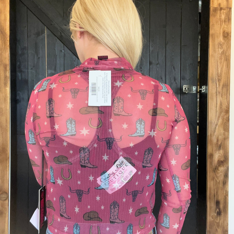 Rock & Roll Pink Quirky Conversational Mesh Long sleeve Top
