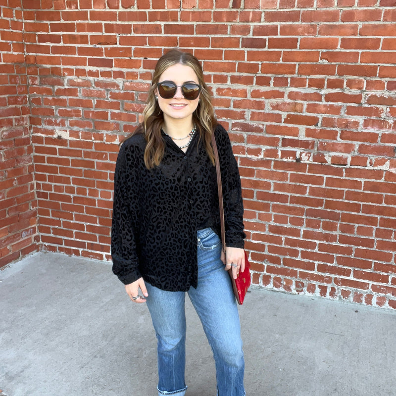 Black Button Down Animal Print Velvet Top