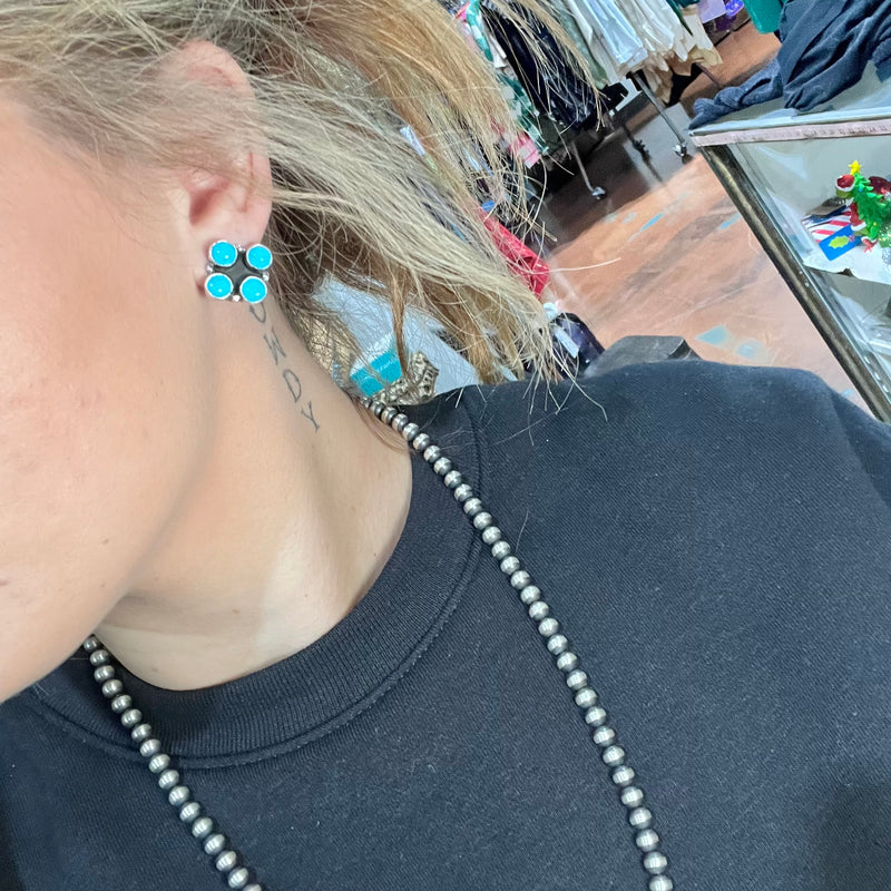 4 Stone Turquoise Stud Post Genuine Earring