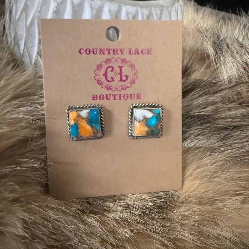 Gorgeous Square Turquoise & Spiny Post Genuine Earring