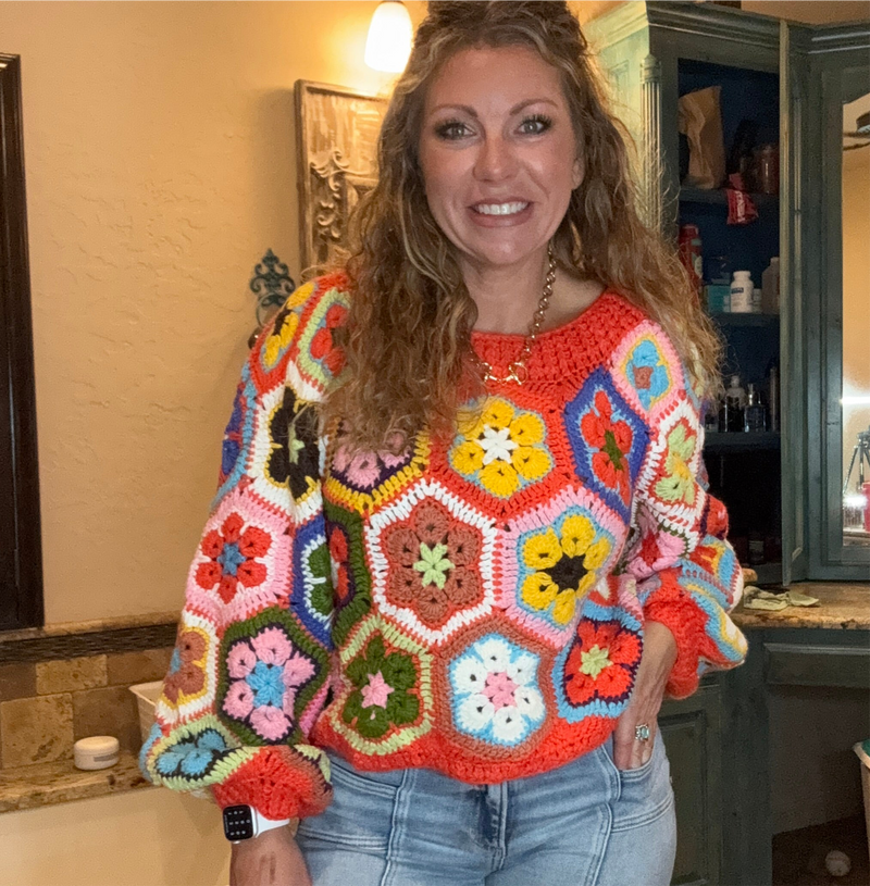 Orange Crochet Flower Crop Sweater