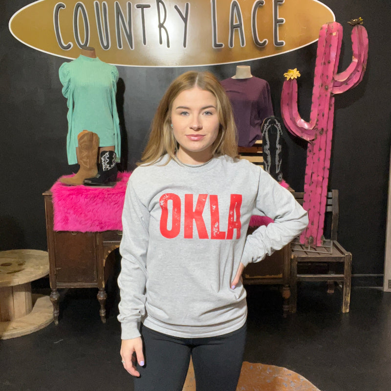 Gray with Red Okla Crew Neck Long Sleeve T-shirt / Small