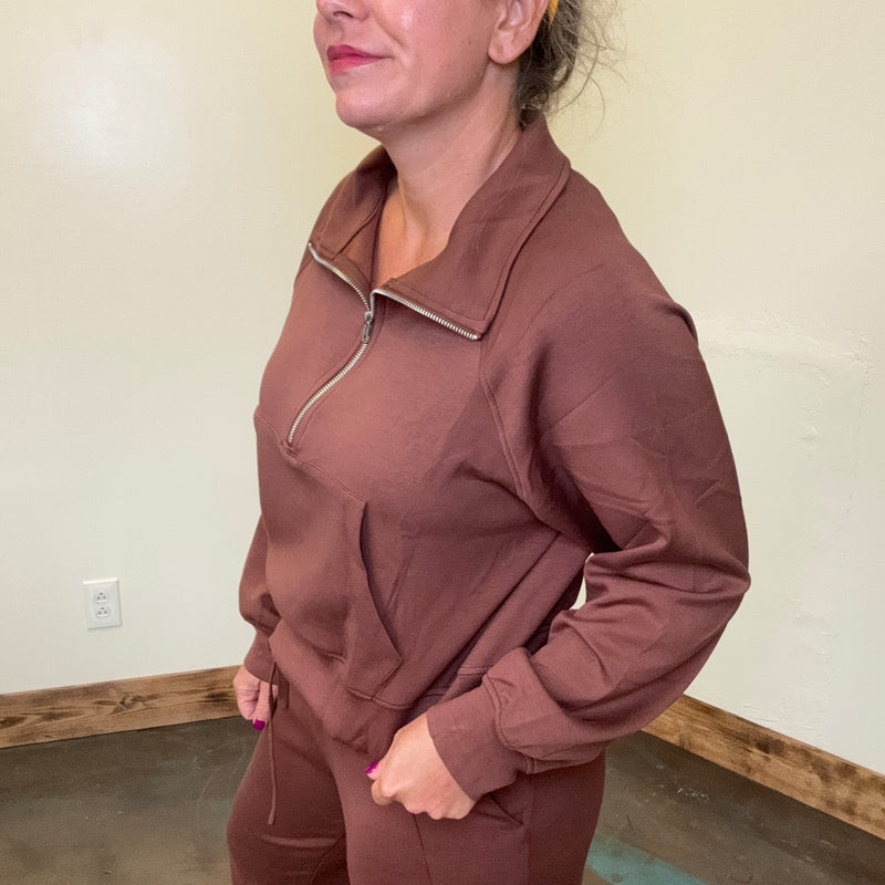 Chestnut Brown Super Soft Half Zip Crop Sweat Shirt