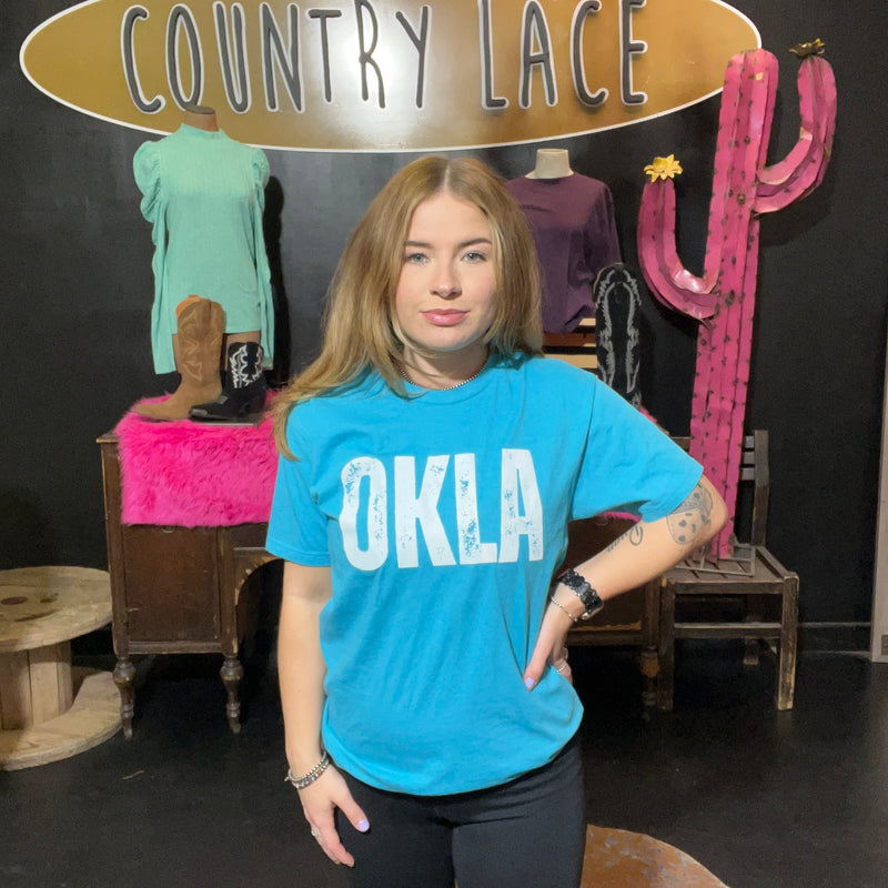 Turquoise with White Okla Crew Neck T-shirt / Small