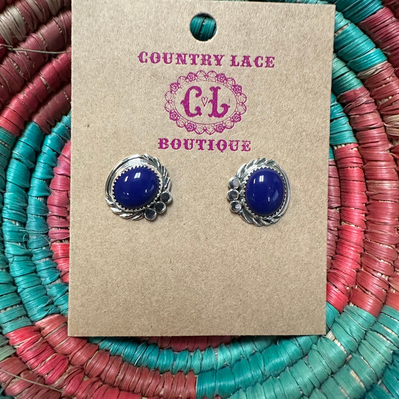 Big Blue Lapis with Silver Detail  Stud Genuine Earring