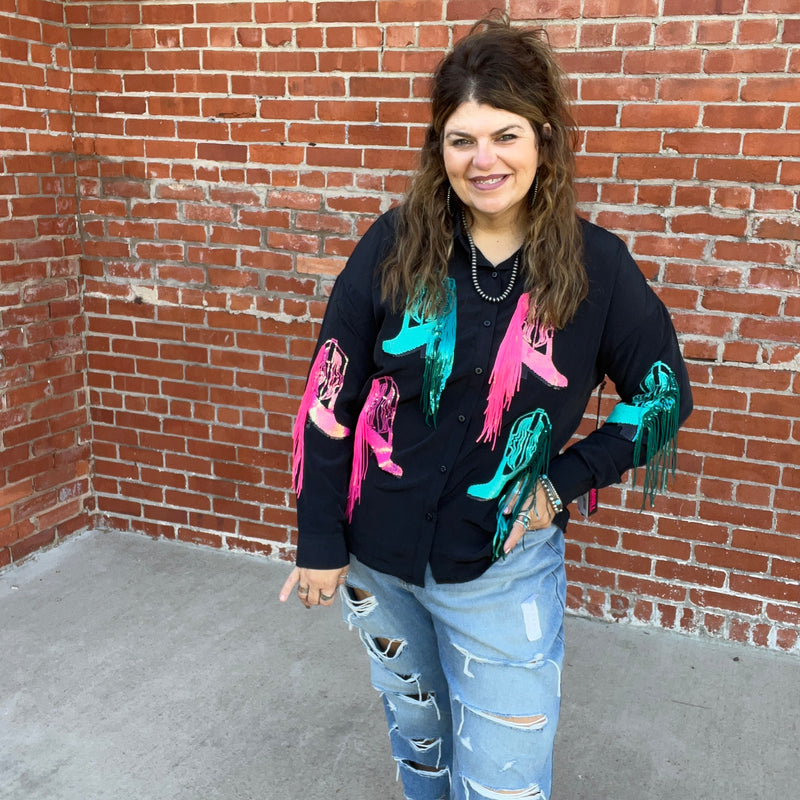 Rock & Roll Black Sequined Boot Overshirt Button Down Top