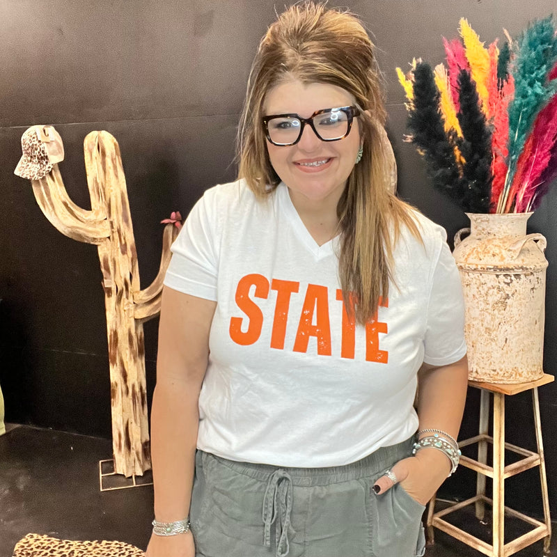 Orange V Neck and White STATE T-shirt