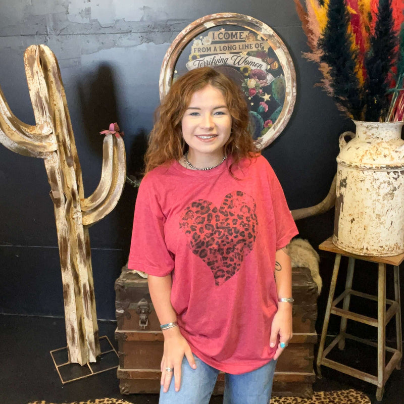 Distressed Leopard Heart on Red T-shirt