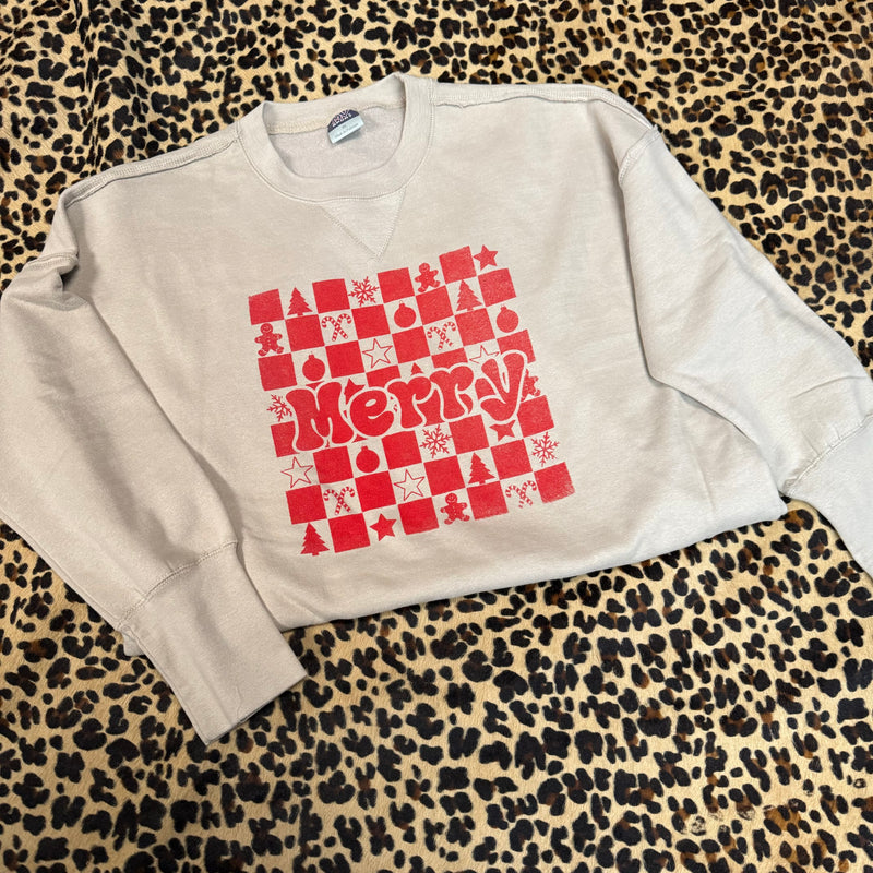 Tan Atmosphere Red Worn Merry Sweatshirt.