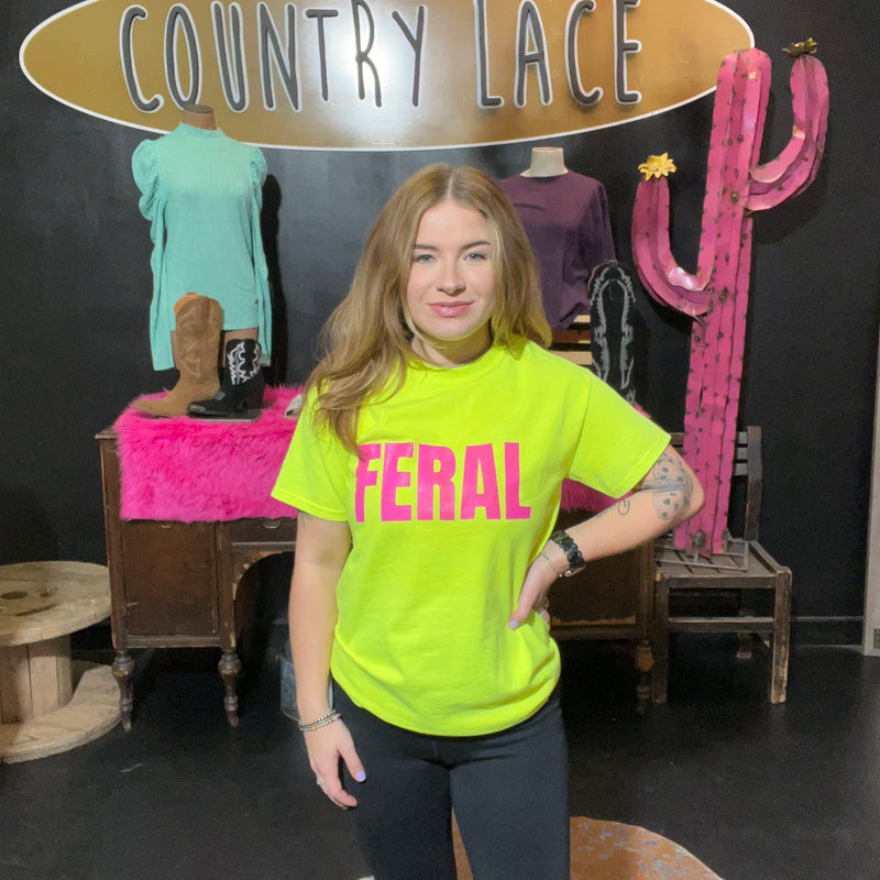 Neon Yellow with Hot Pink Feral Crew Neck T-shirt / Small