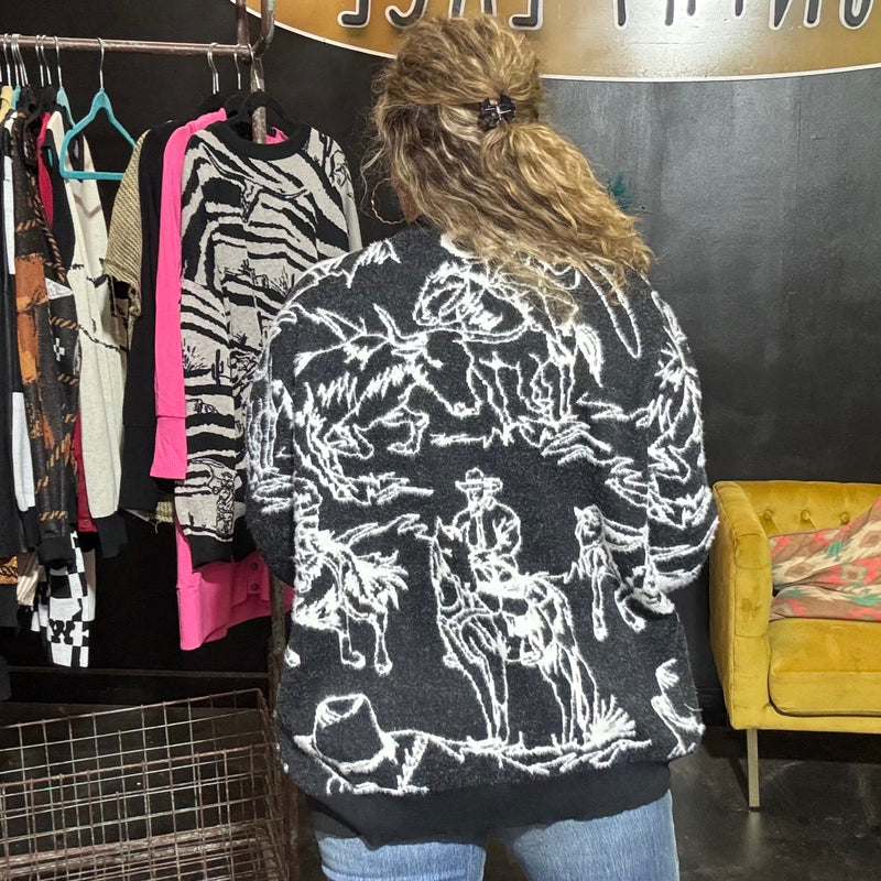 black fuzzy western cardigan