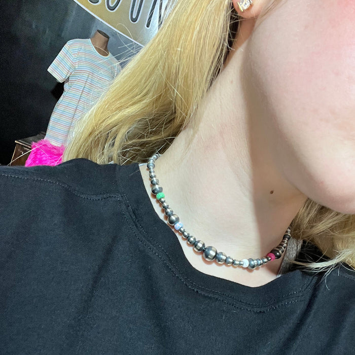 14 inch 3, 4, 5, 6, 8, & 10mm Navajo Pearl with Multi-Opal Patterned Sterling Silver Necklace