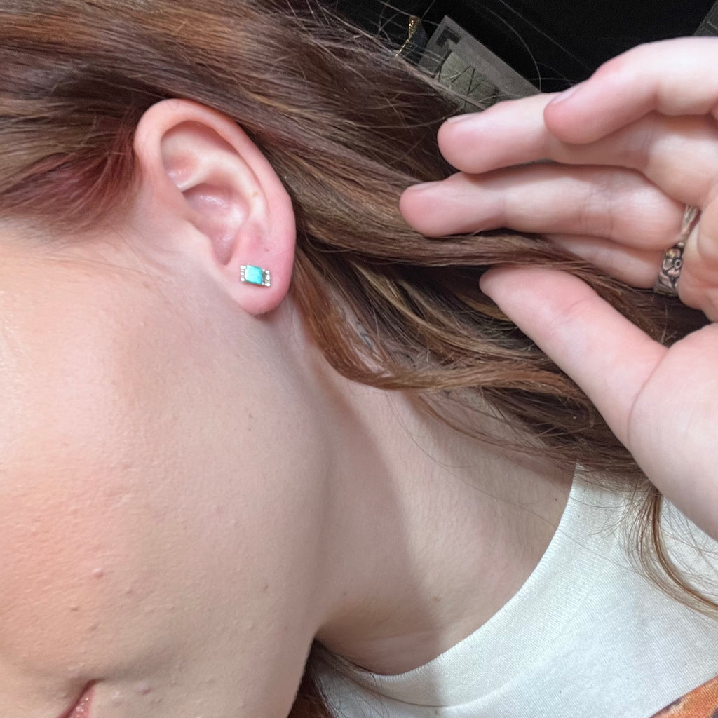 Tiny Green Turquoise Diamond Shape Little Ball Stud Genuine Earring