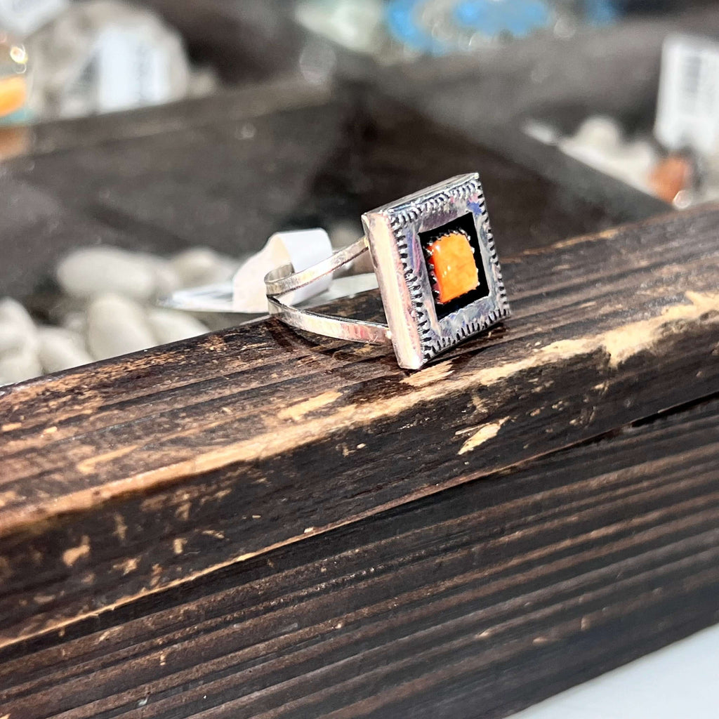 Sterling Silver Square with Orange Spiny Genuine Ring.