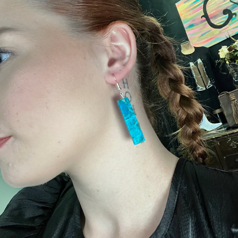 Short Rectangle Blue Turquoise  Slabs Genuine Earring