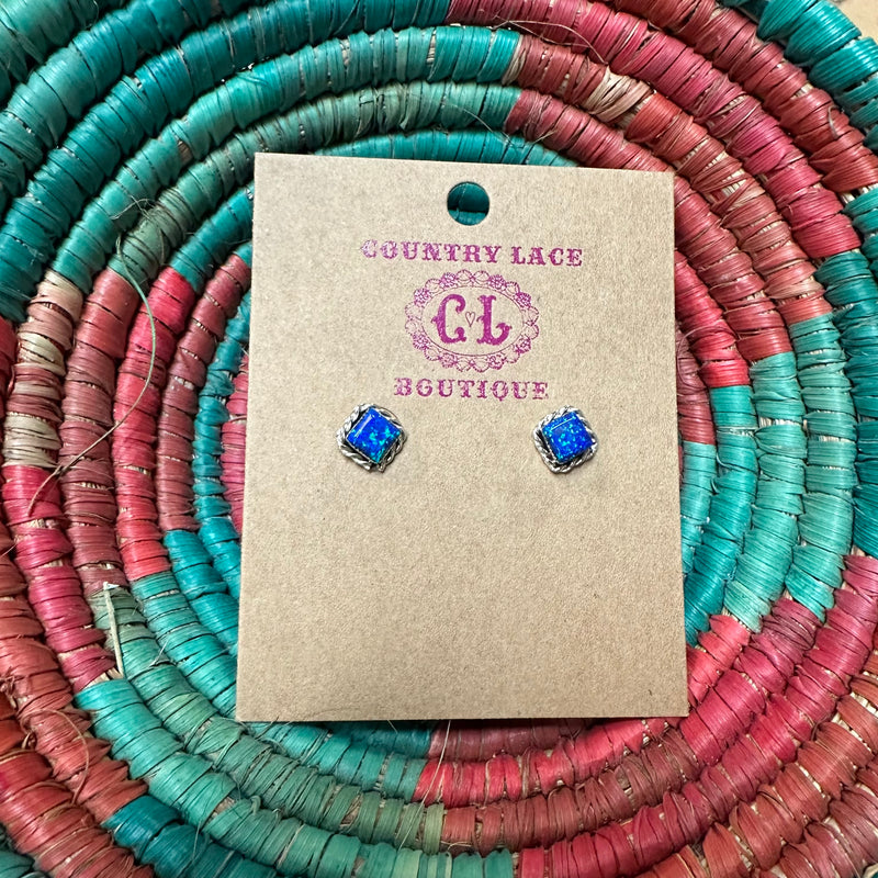 Blue Opal Square Braided Post Stud Genuine Earring