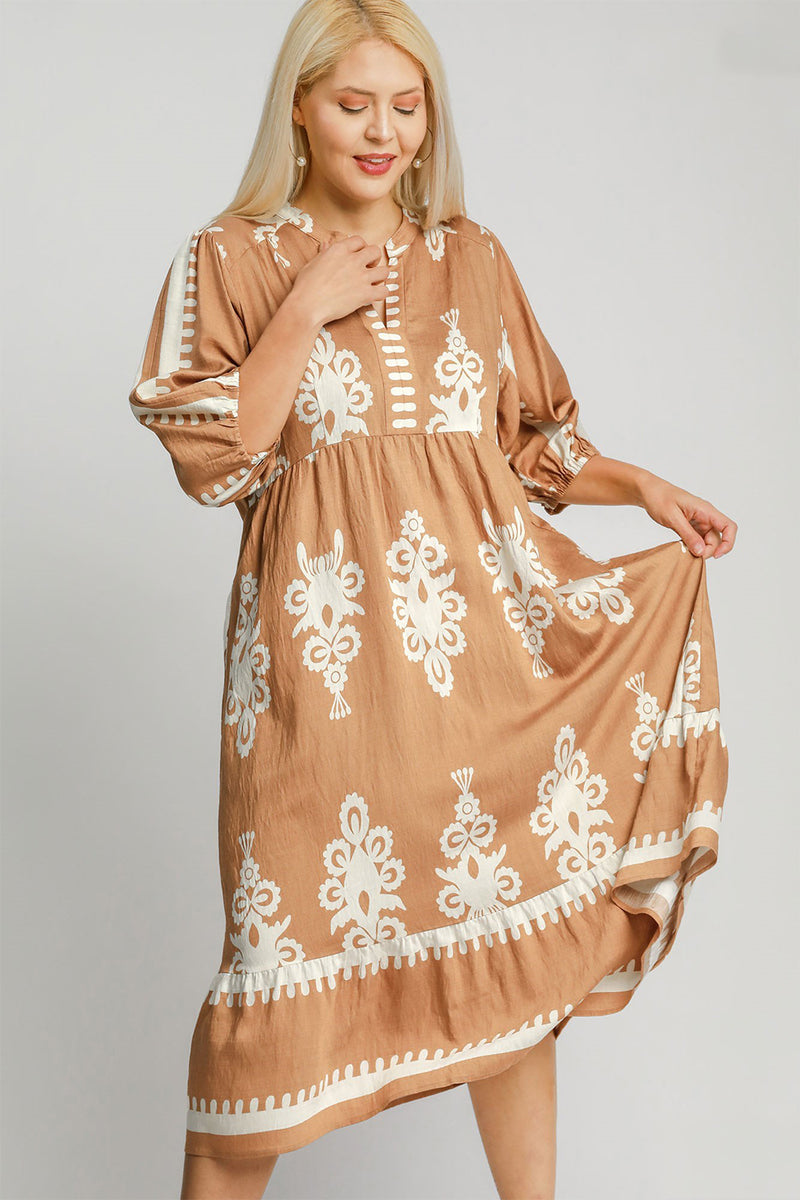 Camel Printed Notched Midi Dress