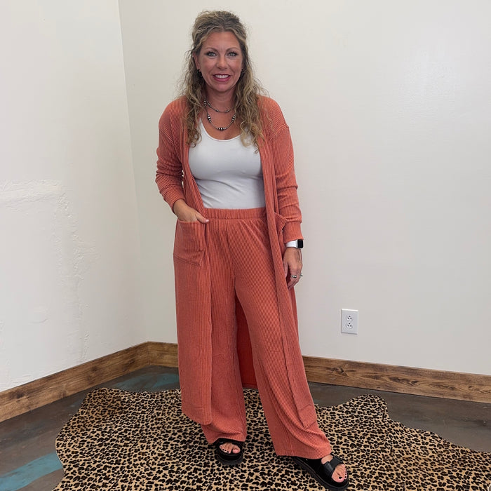 Terracotta Orange Ribbed Duster Cardigan