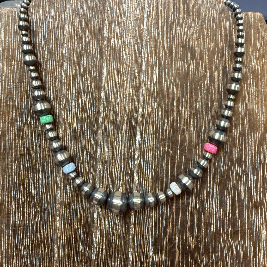 14 inch 3, 4, 5, 6, 8, & 10mm Navajo Pearl with Multi - Opal Patterned Sterling Silver Necklace - Country Lace Boutique