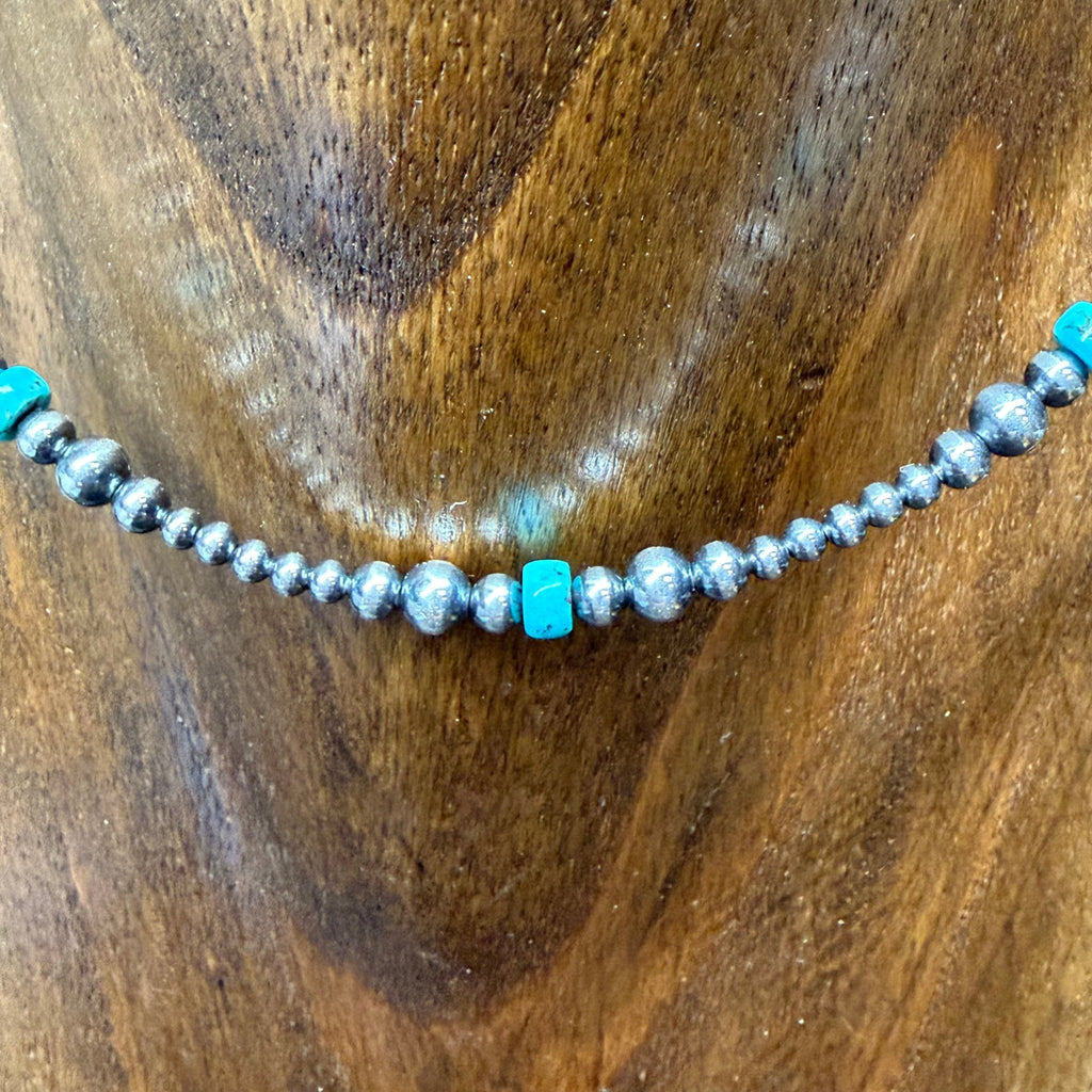 14 inch 3,4,5mm Navajo Pearls with Turquoise Patterned Sterling Silver Necklace - Country Lace Boutique