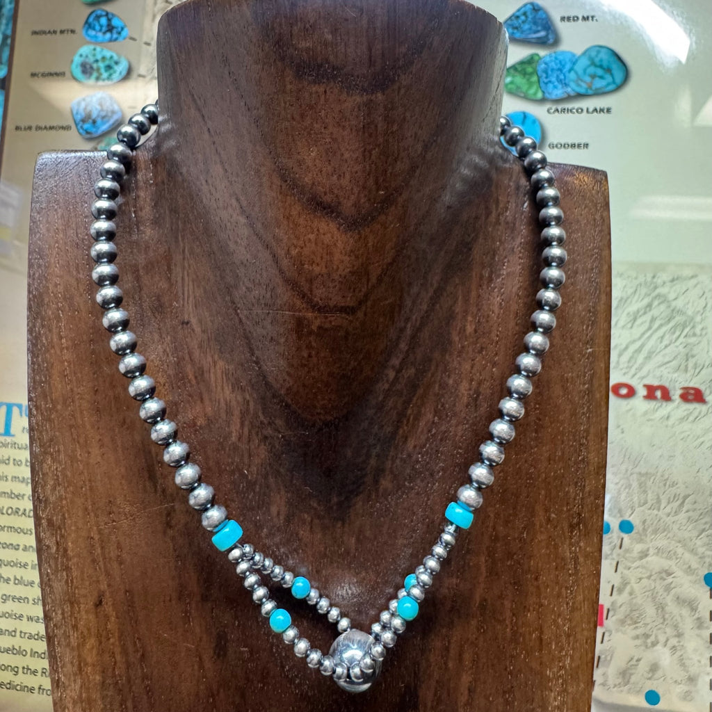14 inch 3,6,10mm Navajo Pearl with Turquoise Twisted Choker Sterling Silver Necklace - Country Lace Boutique