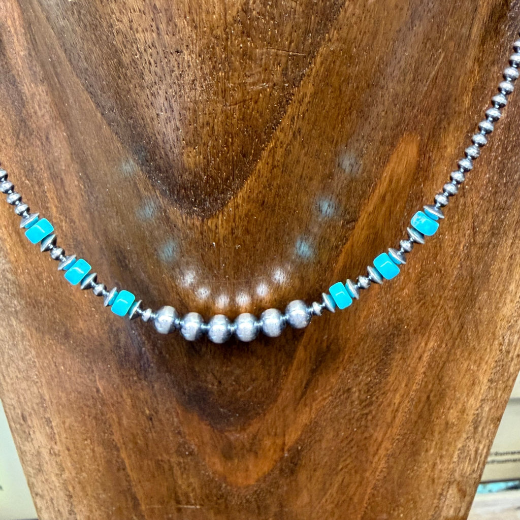 14 inch 3,6mm Navajo Pearls with Saucers and Turquoise Patterned Sterling Silver Necklace - Country Lace Boutique