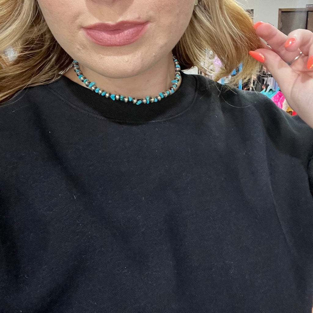 14 inch 6mm Navajo Pearl & Turquoise Patterned Sterling Silver Necklace - Country Lace Boutique