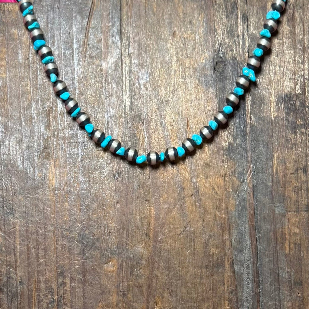 14 inch 6mm Navajo Pearl & Turquoise Patterned Sterling Silver Necklace - Country Lace Boutique