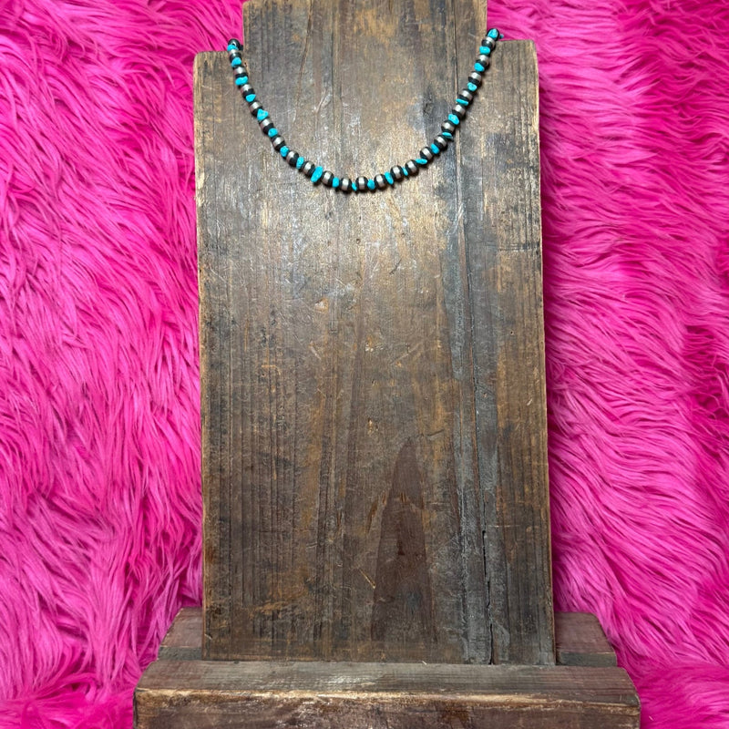 14 inch 6mm Navajo Pearl & Turquoise Patterned Sterling Silver Necklace - Country Lace Boutique