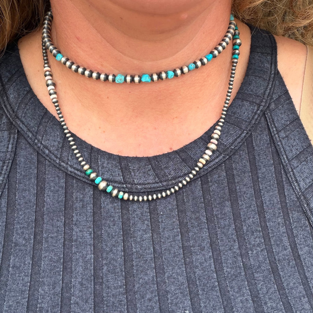 14 inch Turquoise & Navajo Pearl Slinky Wrap Around Sterling Silver Necklace - Country Lace Boutique