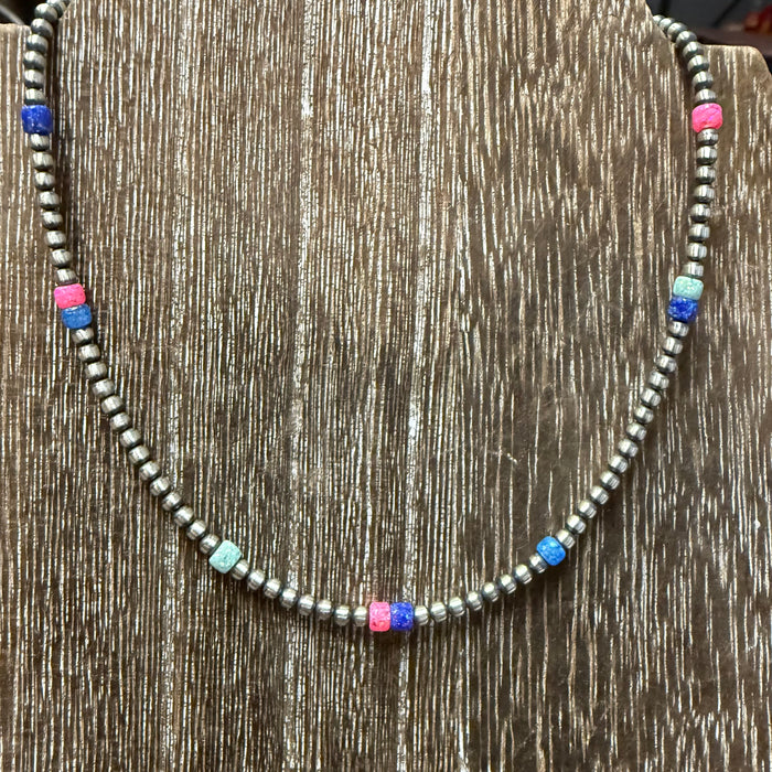 14 inch 3mm Navajo Pearl w/ Hot Pink, Blue, and White Opal Genuine Necklace