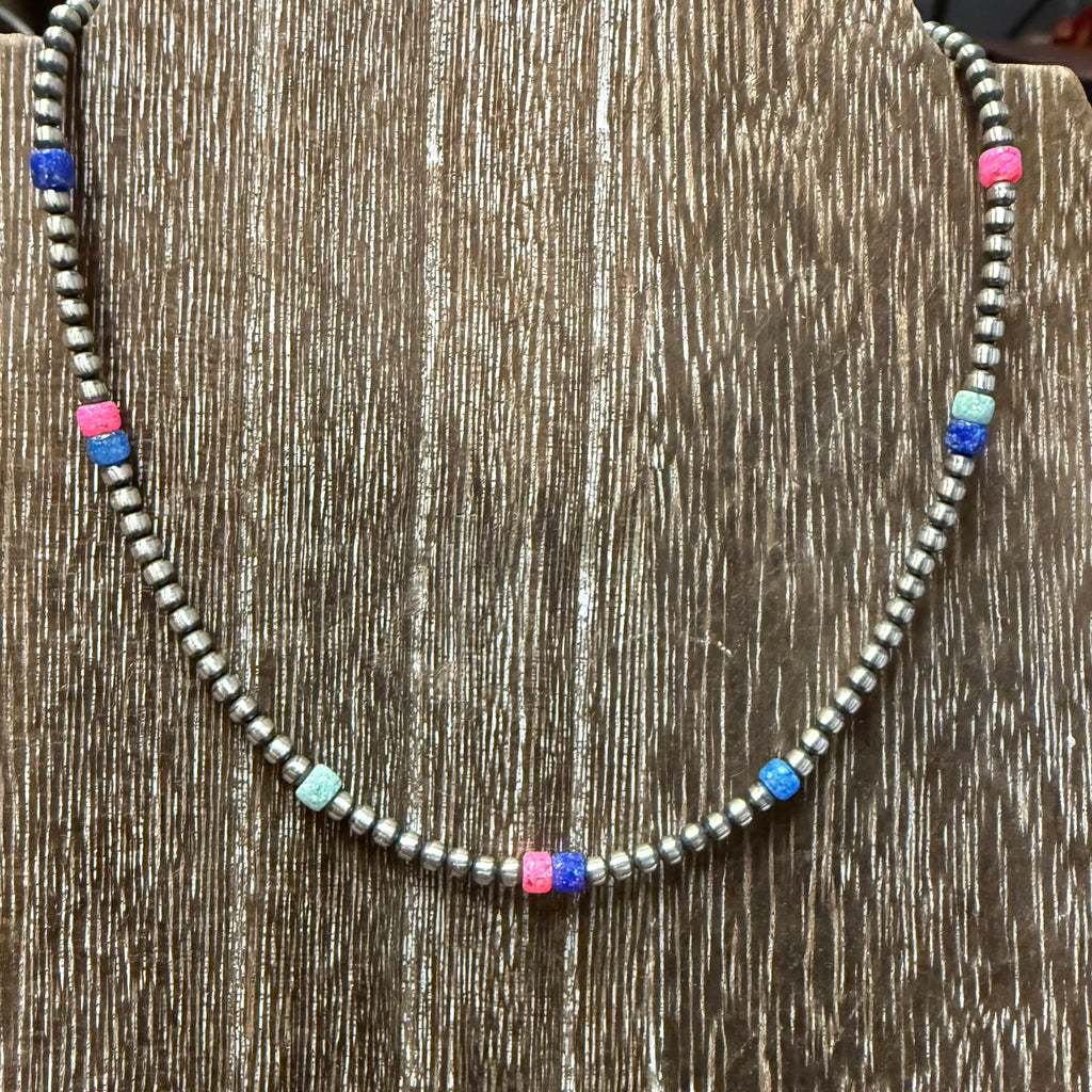 14 inch 3mm Navajo Pearl w/ Hot Pink, Blue, and White Opal Genuine Necklace