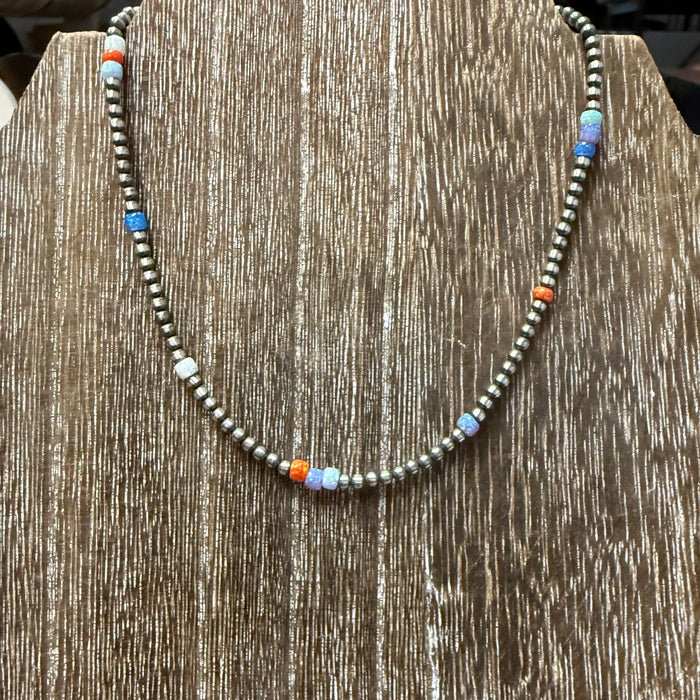 14 inch 3mm Navajo Pearl w/ Orange, Blue, and White Opal Genuine Necklace