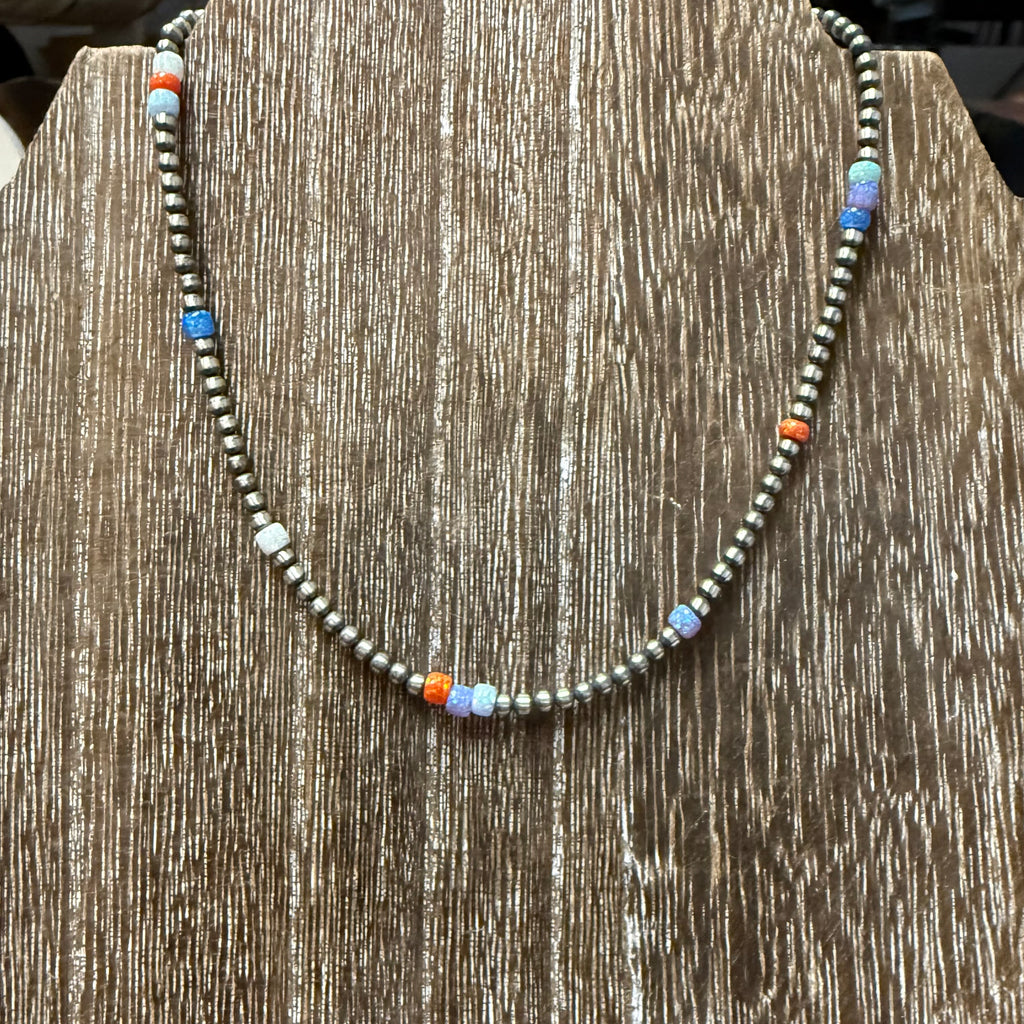 14 inch 3mm Navajo Pearl w/ Orange, Blue, and White Opal Genuine Necklace