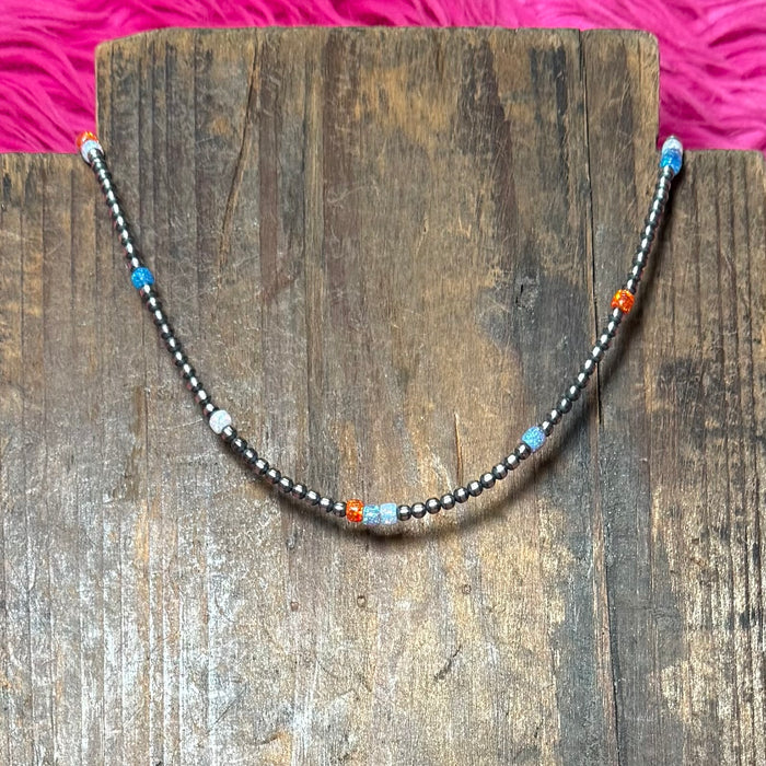 14_inch_3mm_Navajo_Pearl_w_Orange_Blue_and_White_Opal_Genuine_Necklace