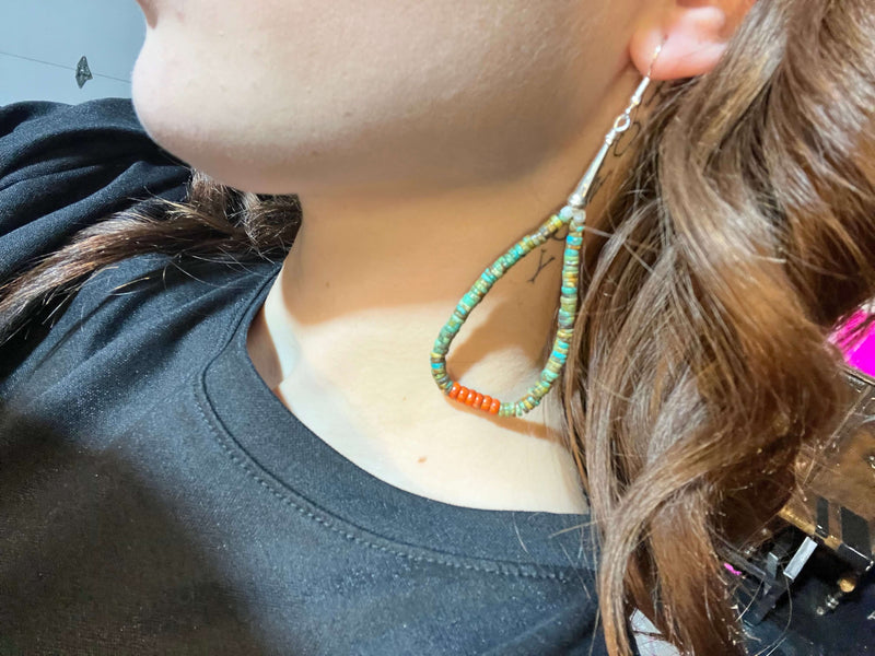 Green Turquoise Heishi and Orange Spiny Sterling Silver Earrings