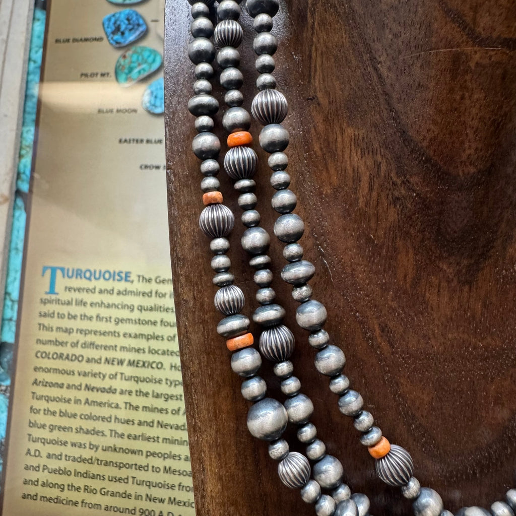 16 inch 3 Strand Multi Sized Navajo Pearl & Saucer with Orange Spiny Sterling Silver Necklace - Country Lace Boutique