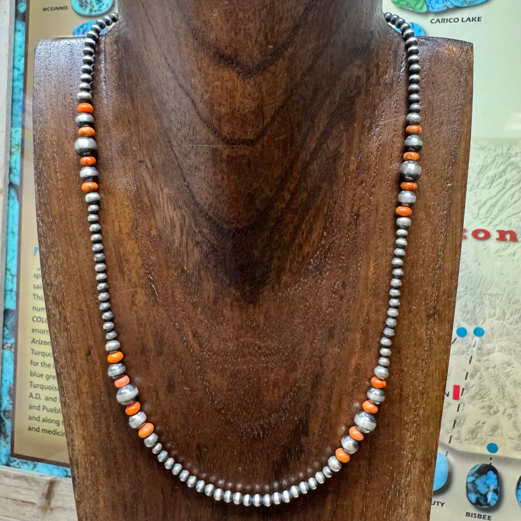16 inch 3,4,5,6 Navajo Pearl & Orange Spiny Oyster Patterned Sterling Silver Necklace - Country Lace Boutique