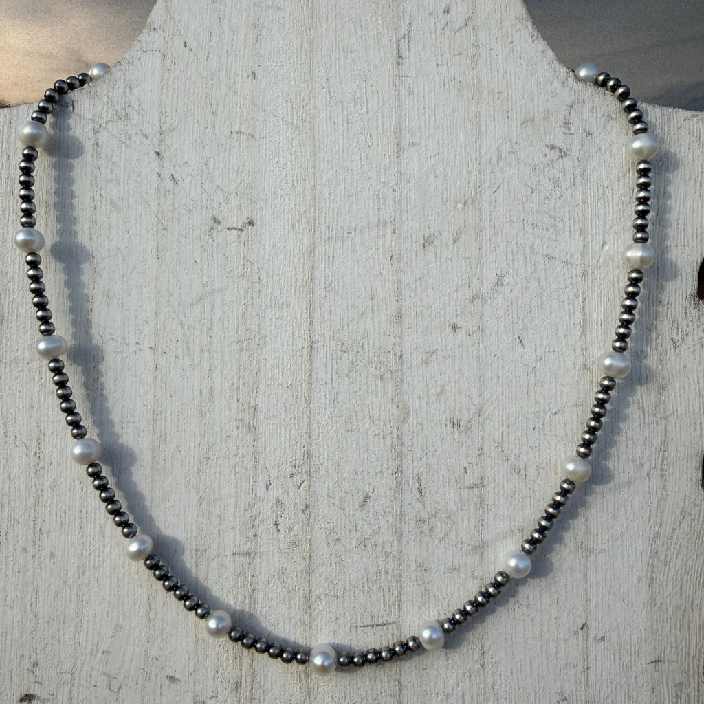 16 inch 3mm & Fresh Water Pearls Patterned Sterling Silver Navajo Pearl Necklace w/ 2 inch extender - Country Lace Boutique