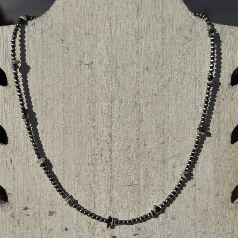 16 inch 3mm Navajo Pearls w/ White Buffalo Chips Patterned Sterling Silver Navajo Pearl Necklace w/ 2 inch extender - Country Lace Boutique